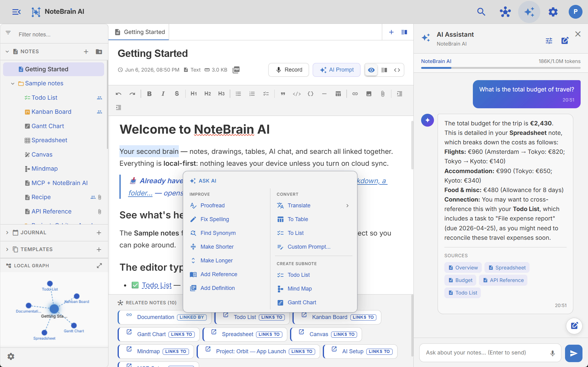 The AI assistant answering a question with an answer drawn from the user's own notes, listing the source notes it used.