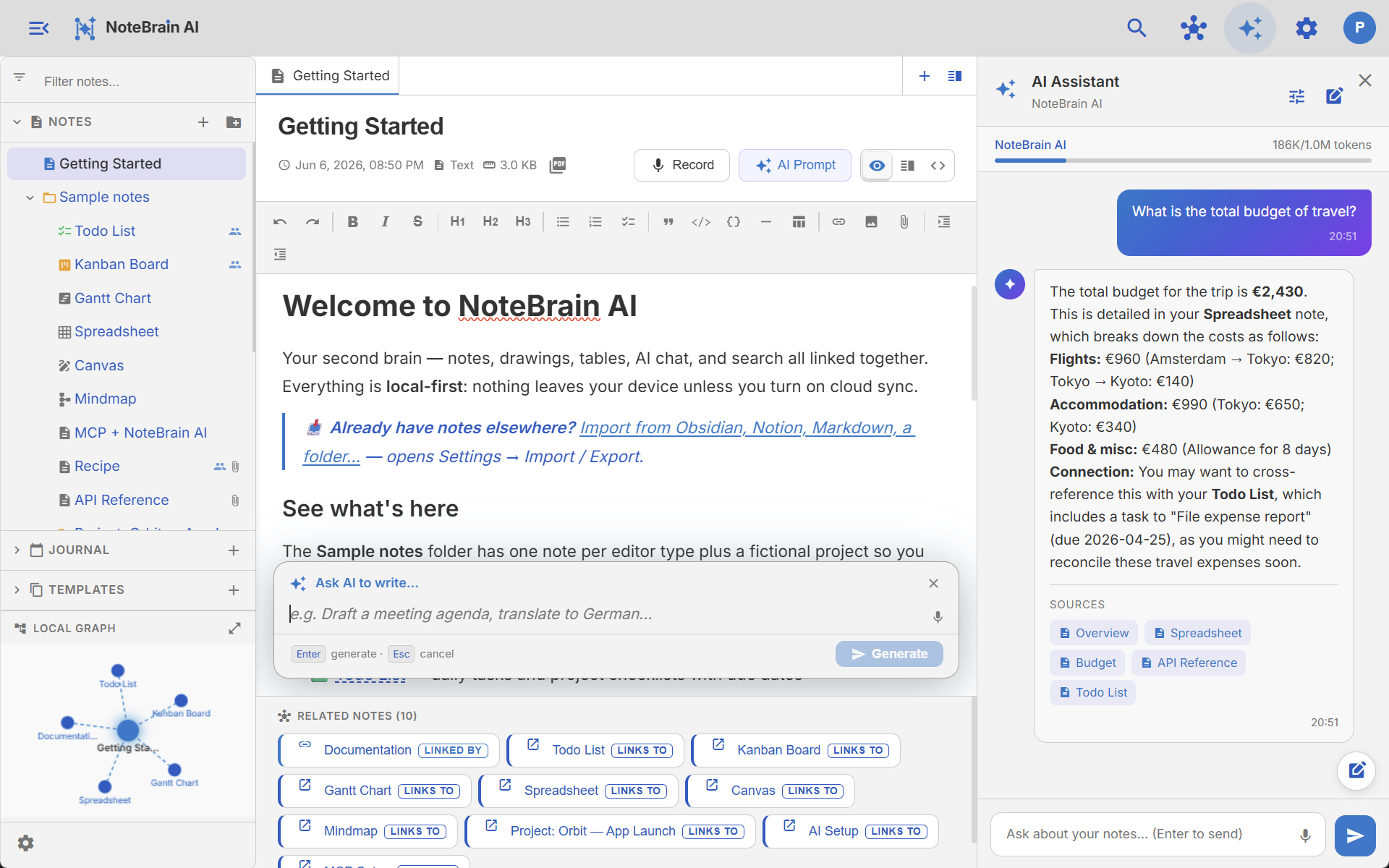 A note's knowledge-graph mini-view and its linked-mention backlinks at the bottom of the app.