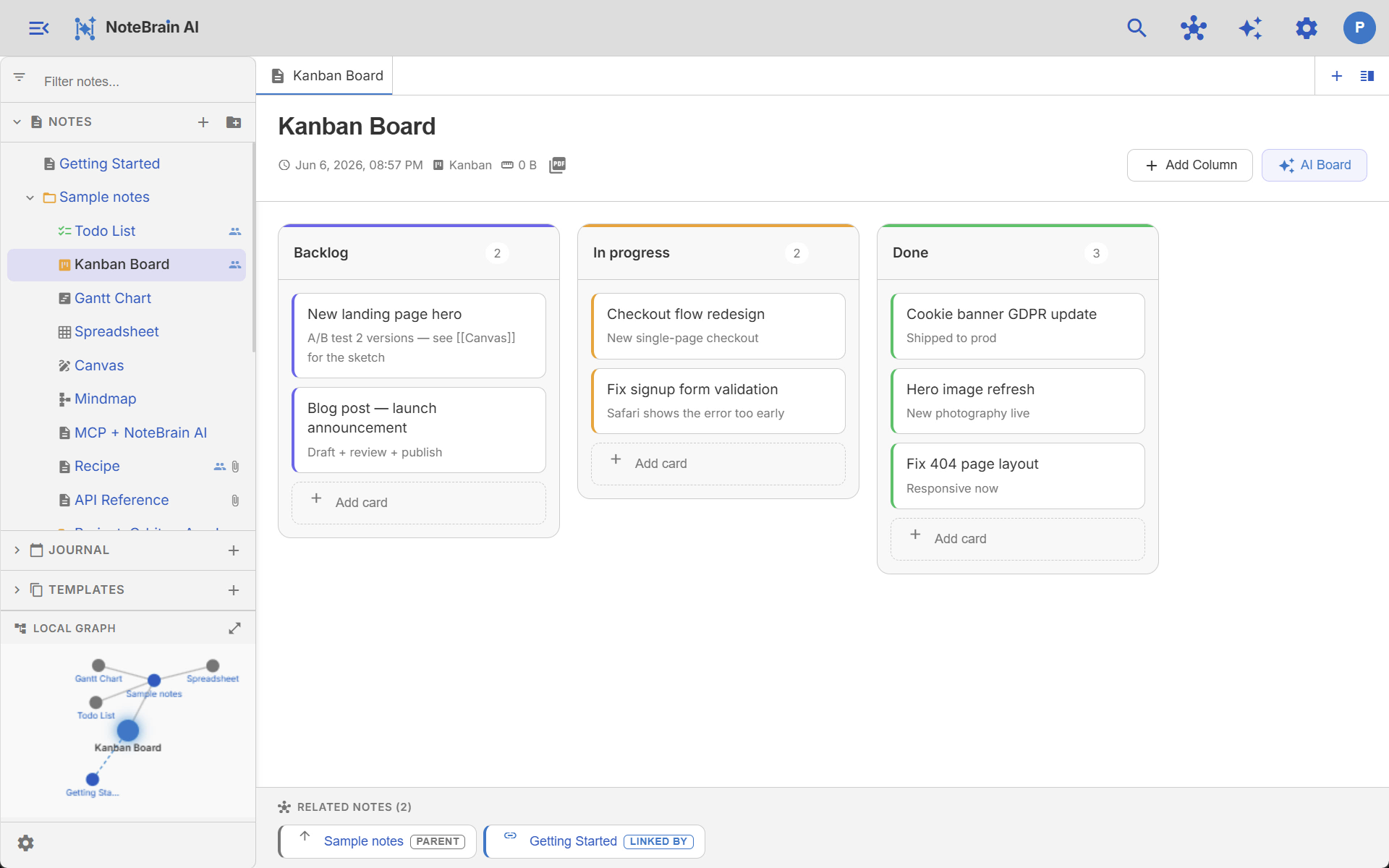 A Kanban board with cards organised into columns by status.