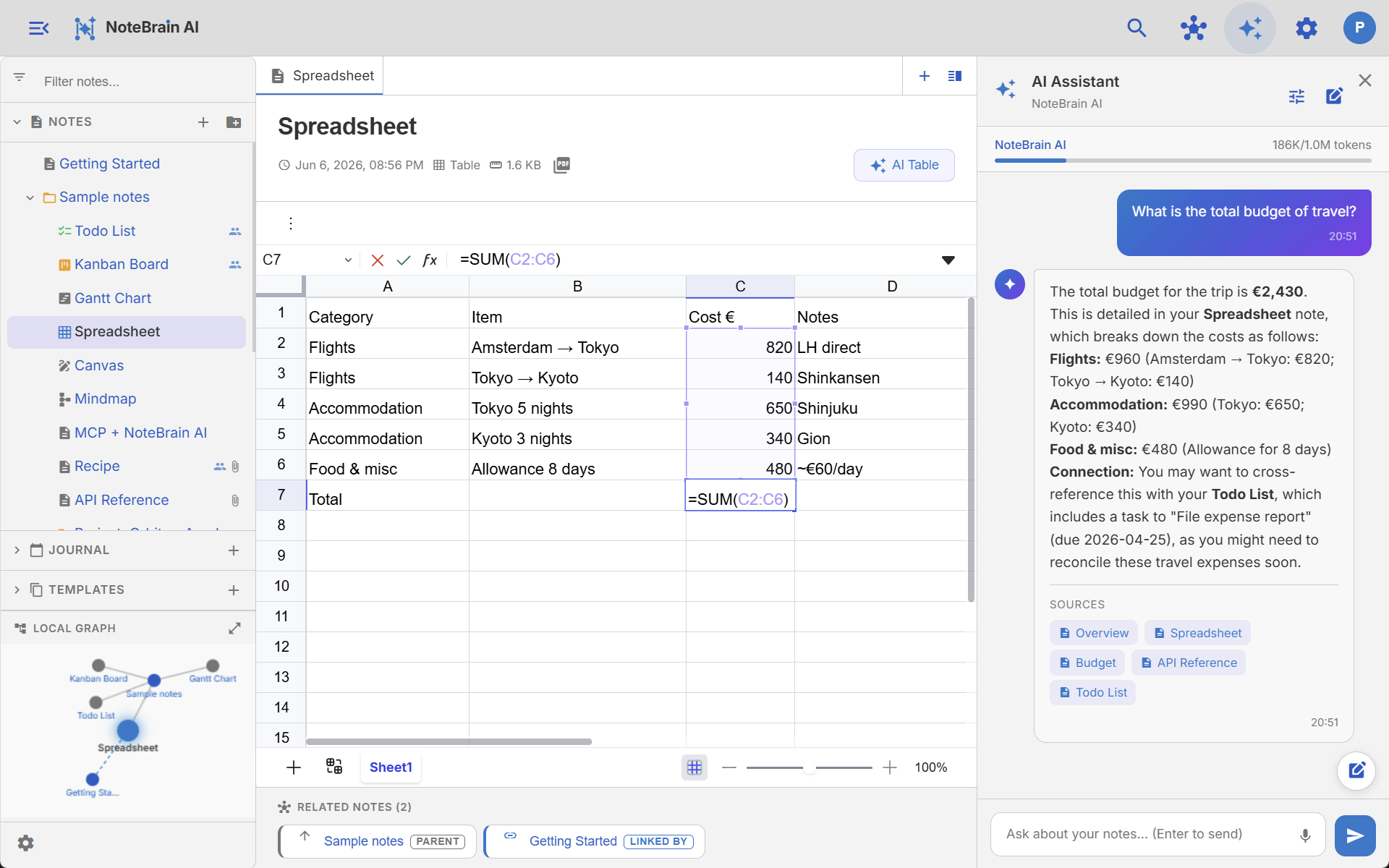A spreadsheet note open in the table editor with rows, columns and totals.